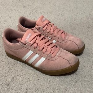 Adidas Blush Suede Sneakers with White Stripes